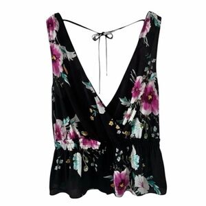 Express Black Floral Print Sleeveless V-Neck Satin Top Size Medium